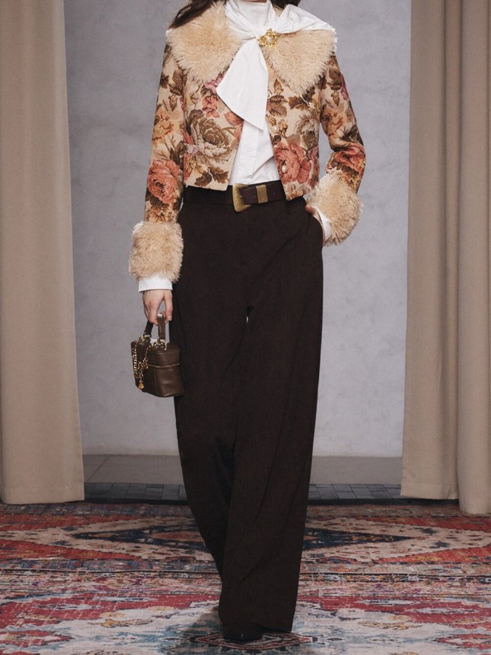 Apricot Floral Print Casual Women's Contrast Faux Fur Button Front Jacket